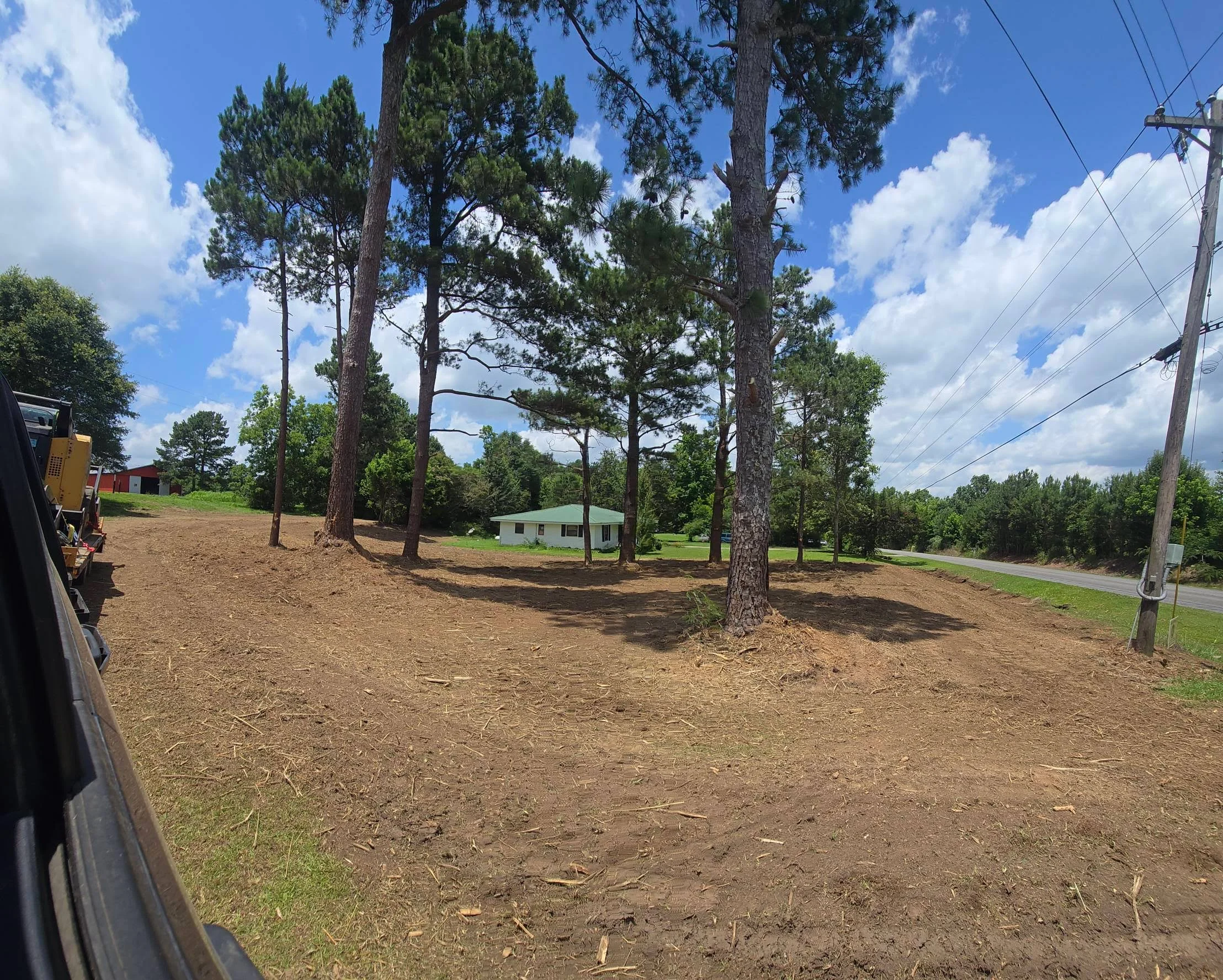Cleared residential lot with mulch ground cover, standing pine trees, and prepared building site